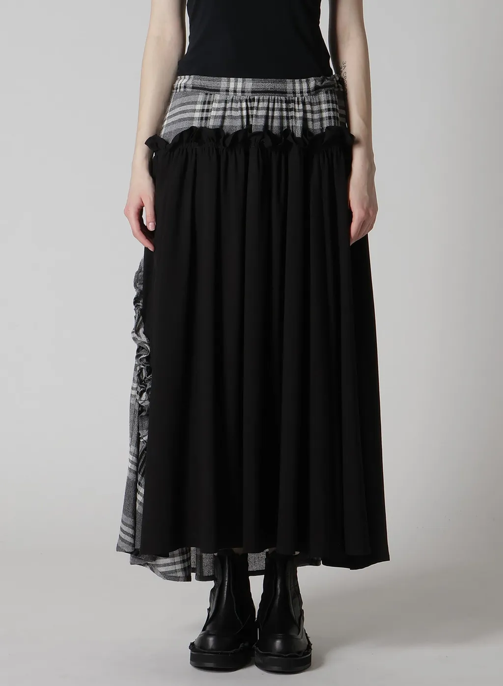Gauze Plaid Frill Gather Skirt