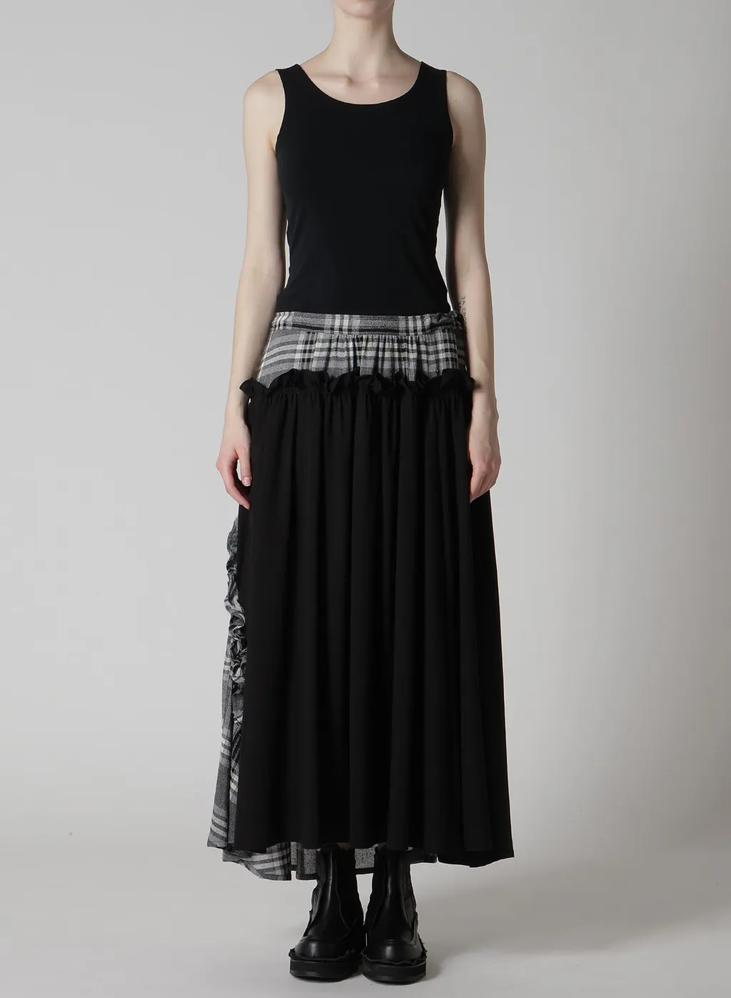 Gauze Plaid Frill Gather Skirt