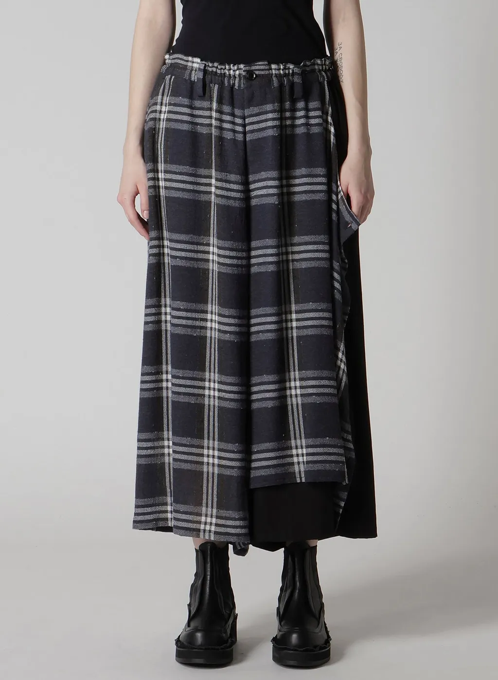 Gauze Plaid Left Double Button Open Pants