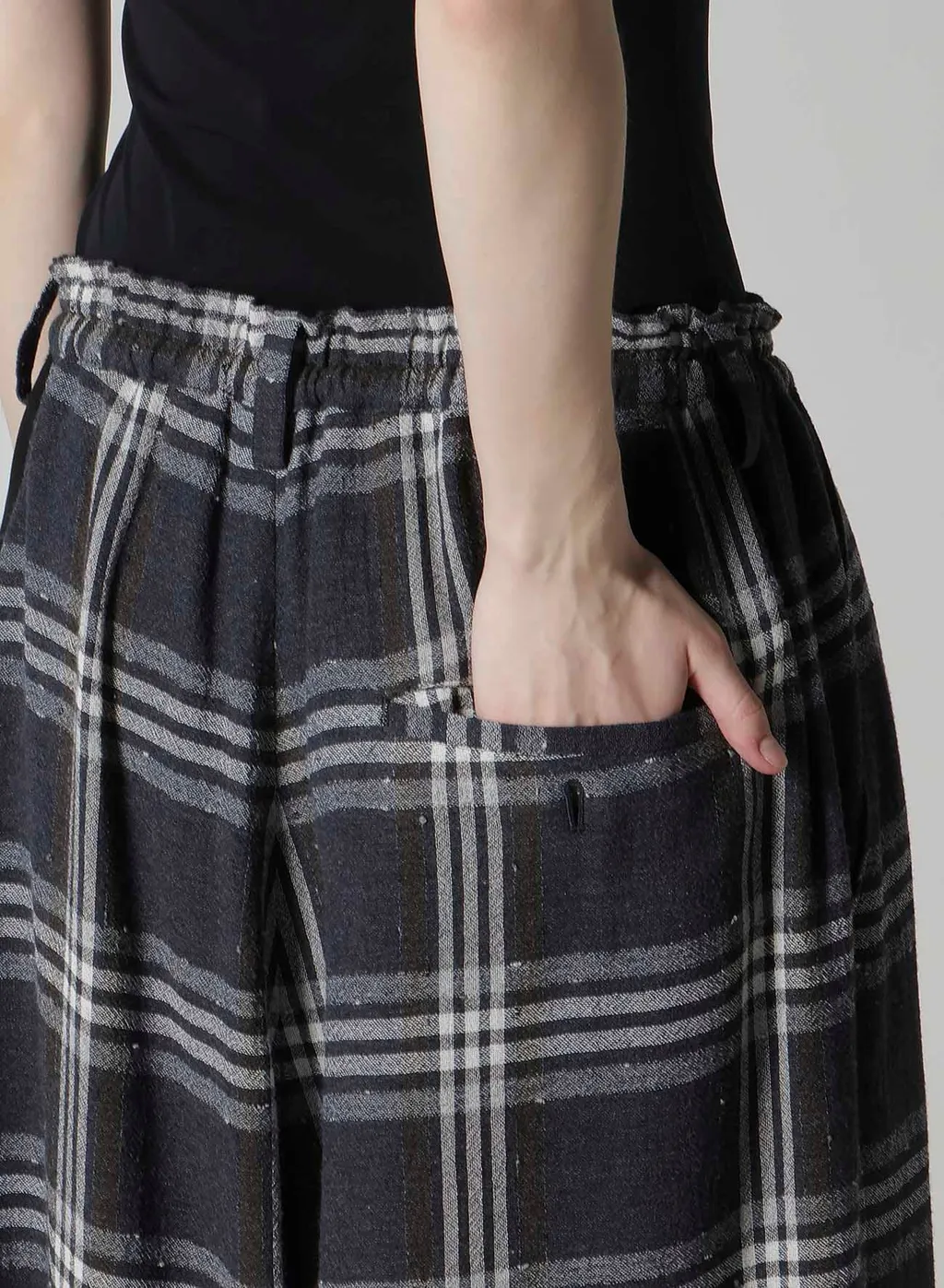 Gauze Plaid Left Double Button Open Pants