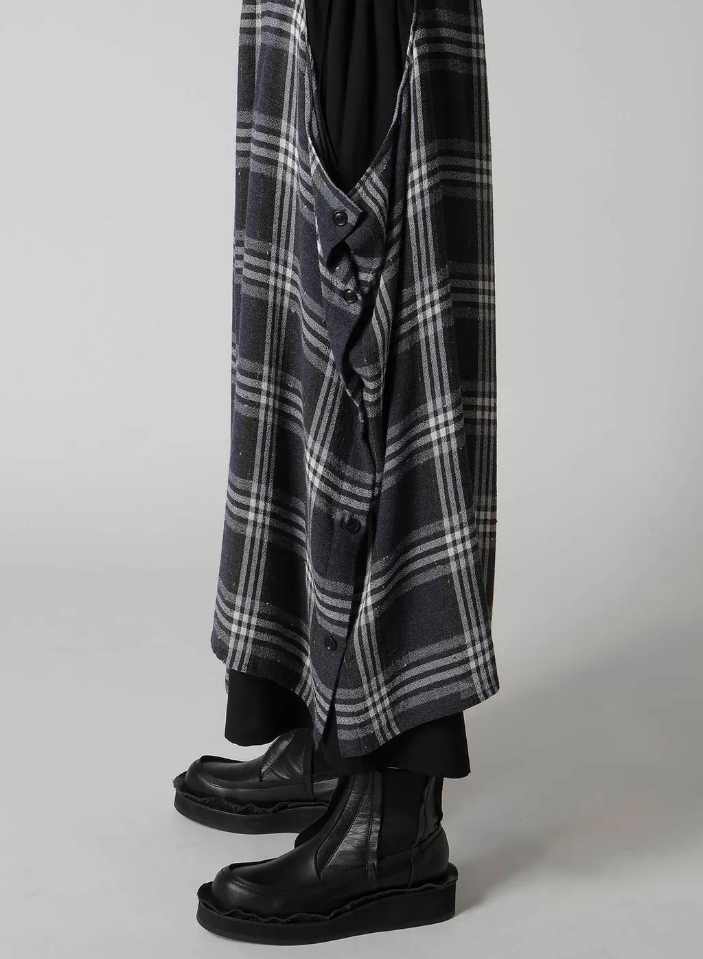 Gauze Plaid Left Double Button Open Pants