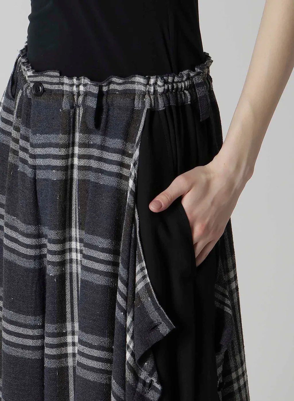 Gauze Plaid Left Double Button Open Pants