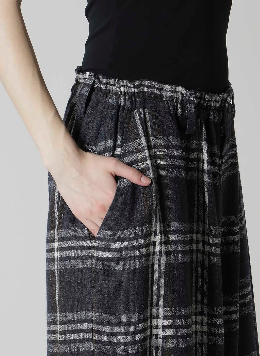 Gauze Plaid Left Double Button Open Pants