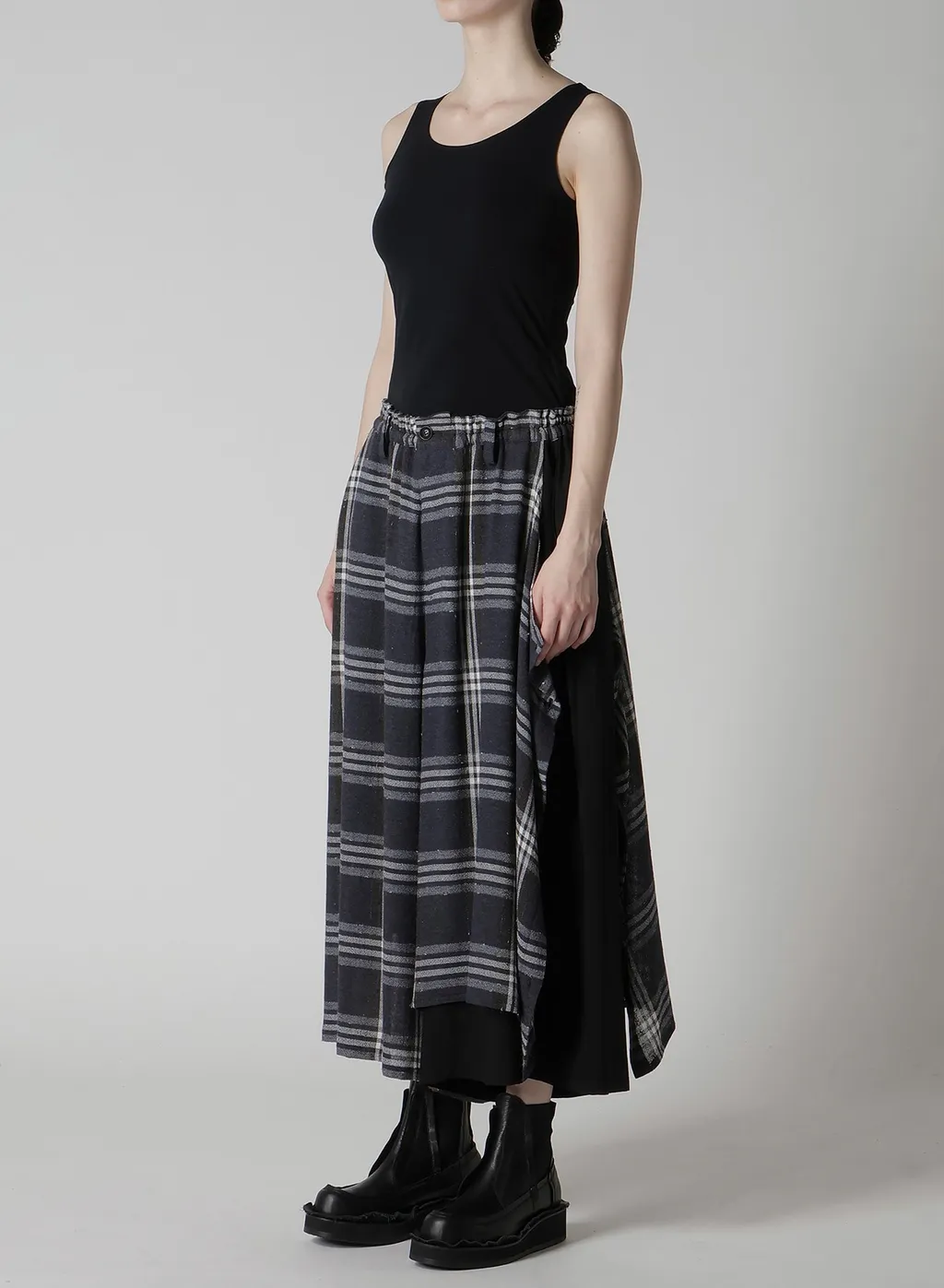 Gauze Plaid Left Double Button Open Pants