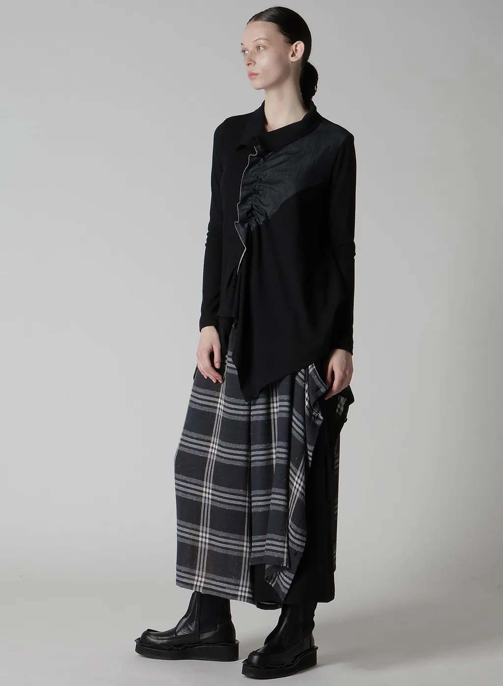 Gauze Plaid Left Double Button Open Pants