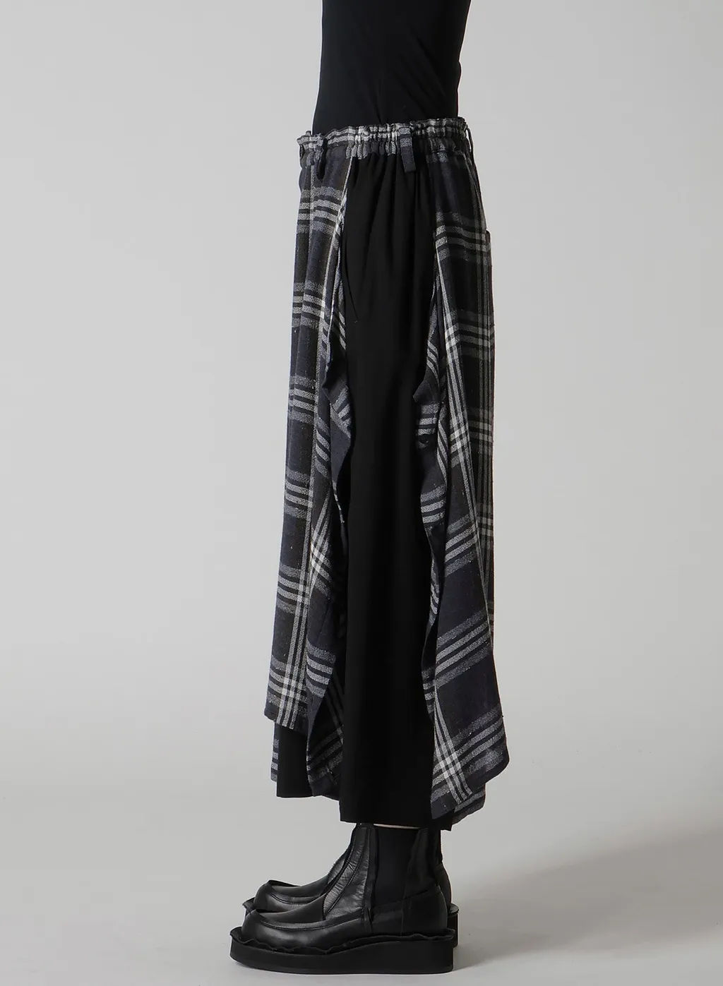 Gauze Plaid Left Double Button Open Pants