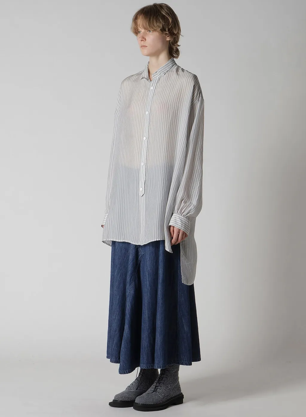 Cupro Stripe Design Collar Big Blouse