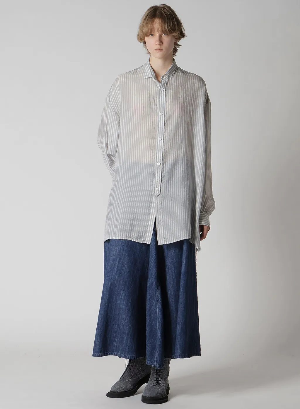 Cupro Stripe Design Collar Big Blouse