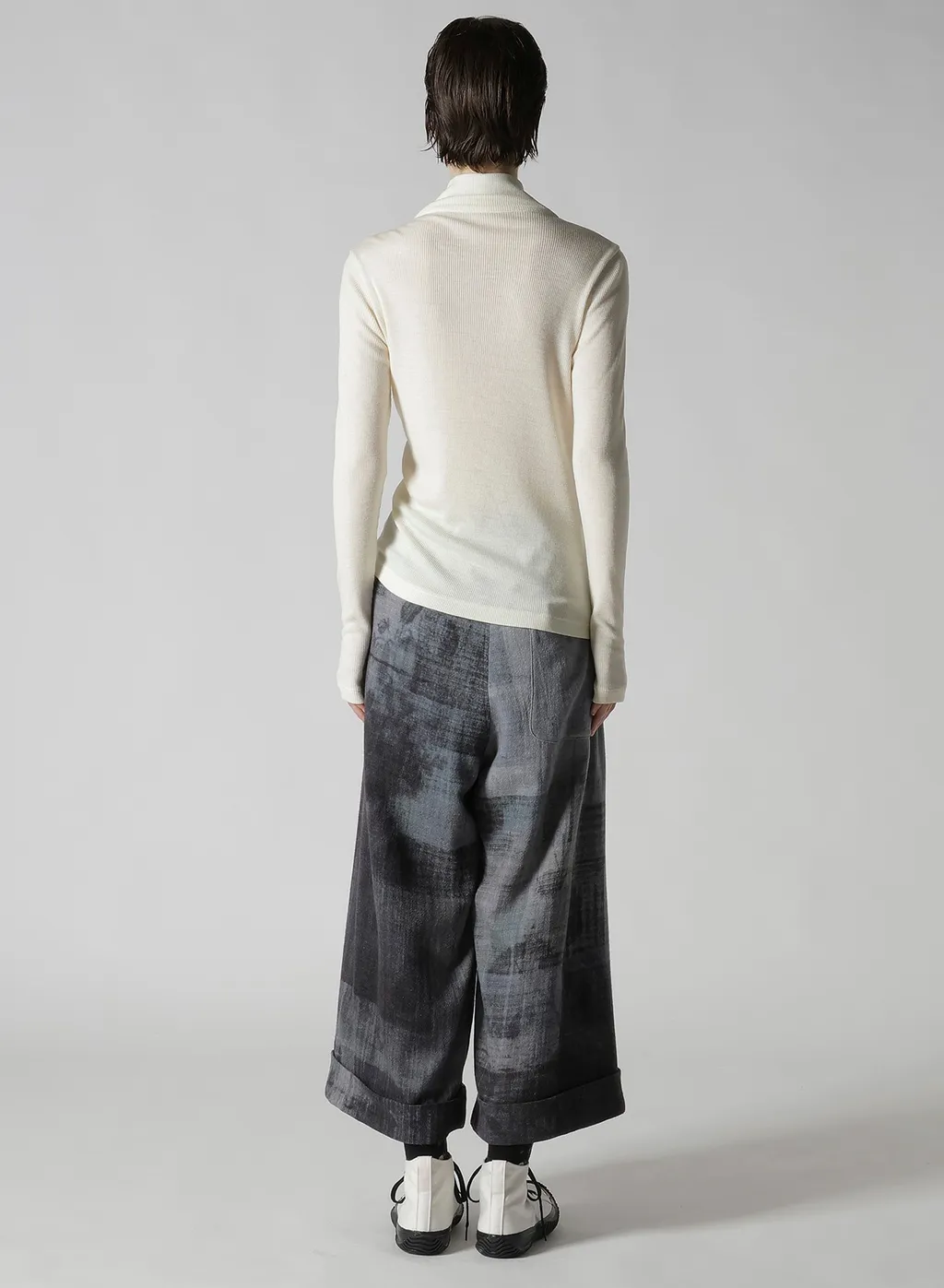 Rib/Denim Combination High Neck T With Gathers