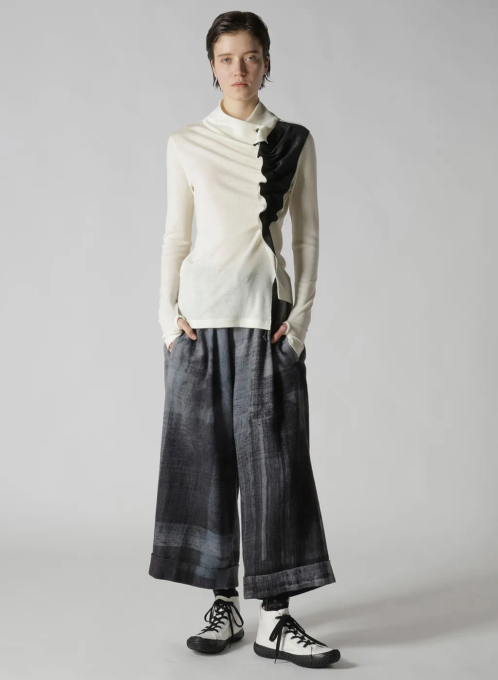 Rib/Denim Combination High Neck T With Gathers