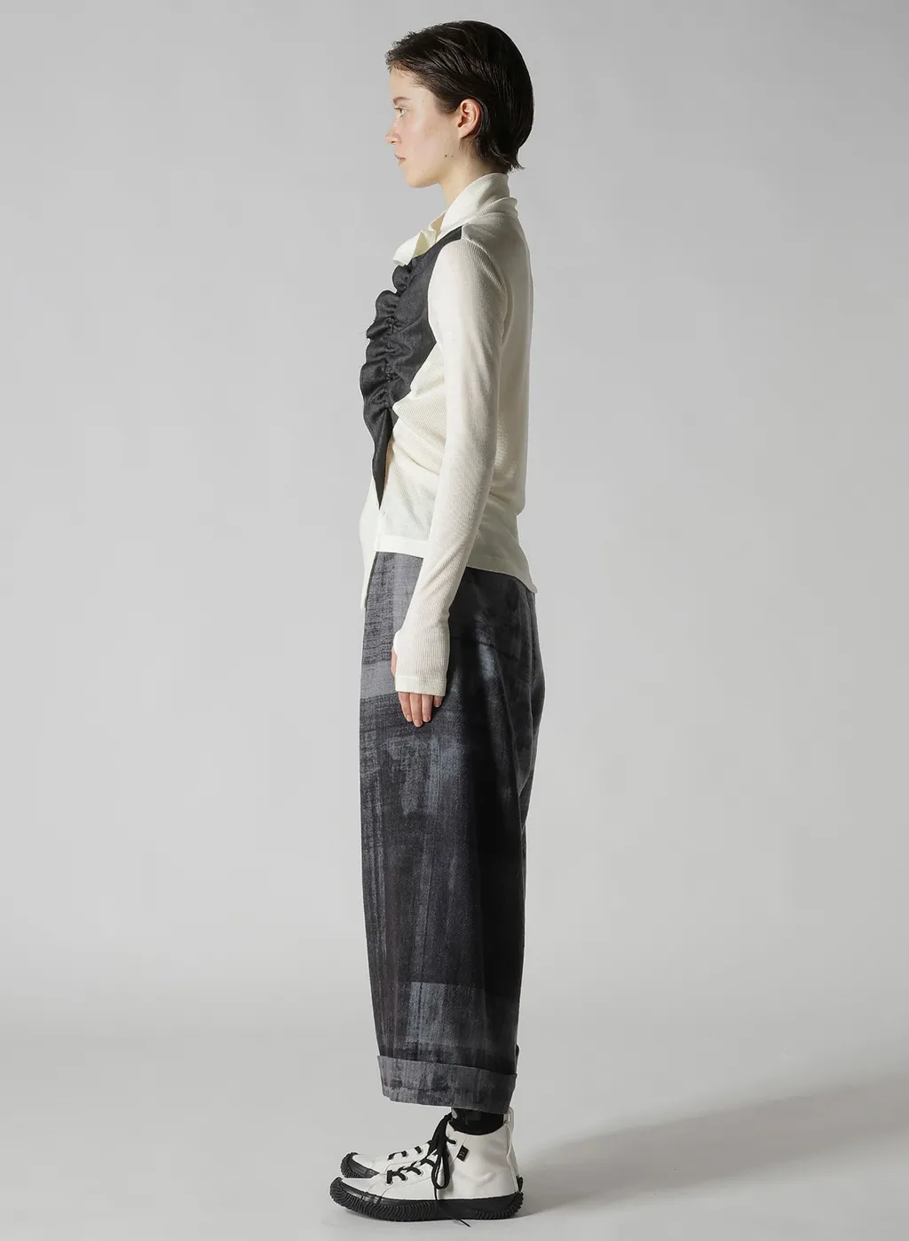 Rib/Denim Combination High Neck T With Gathers