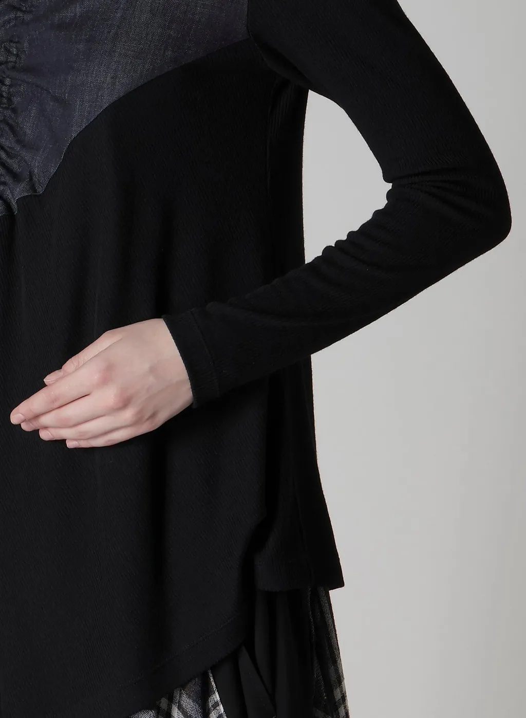 Rib/Denim Combination Flare T With Gathers