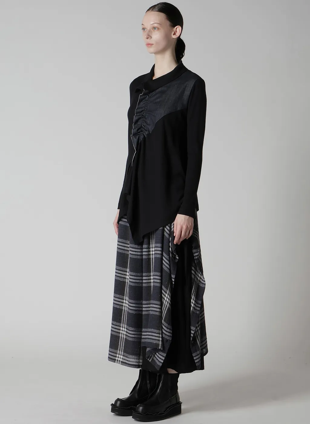 Rib/Denim Combination Flare T With Gathers