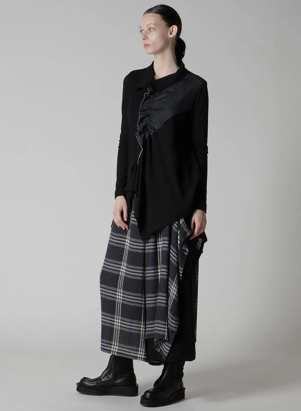 Rib/Denim Combination Flare T With Gathers