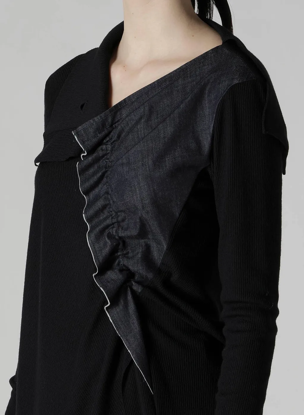 Rib/Denim Combination Long T With Gathers