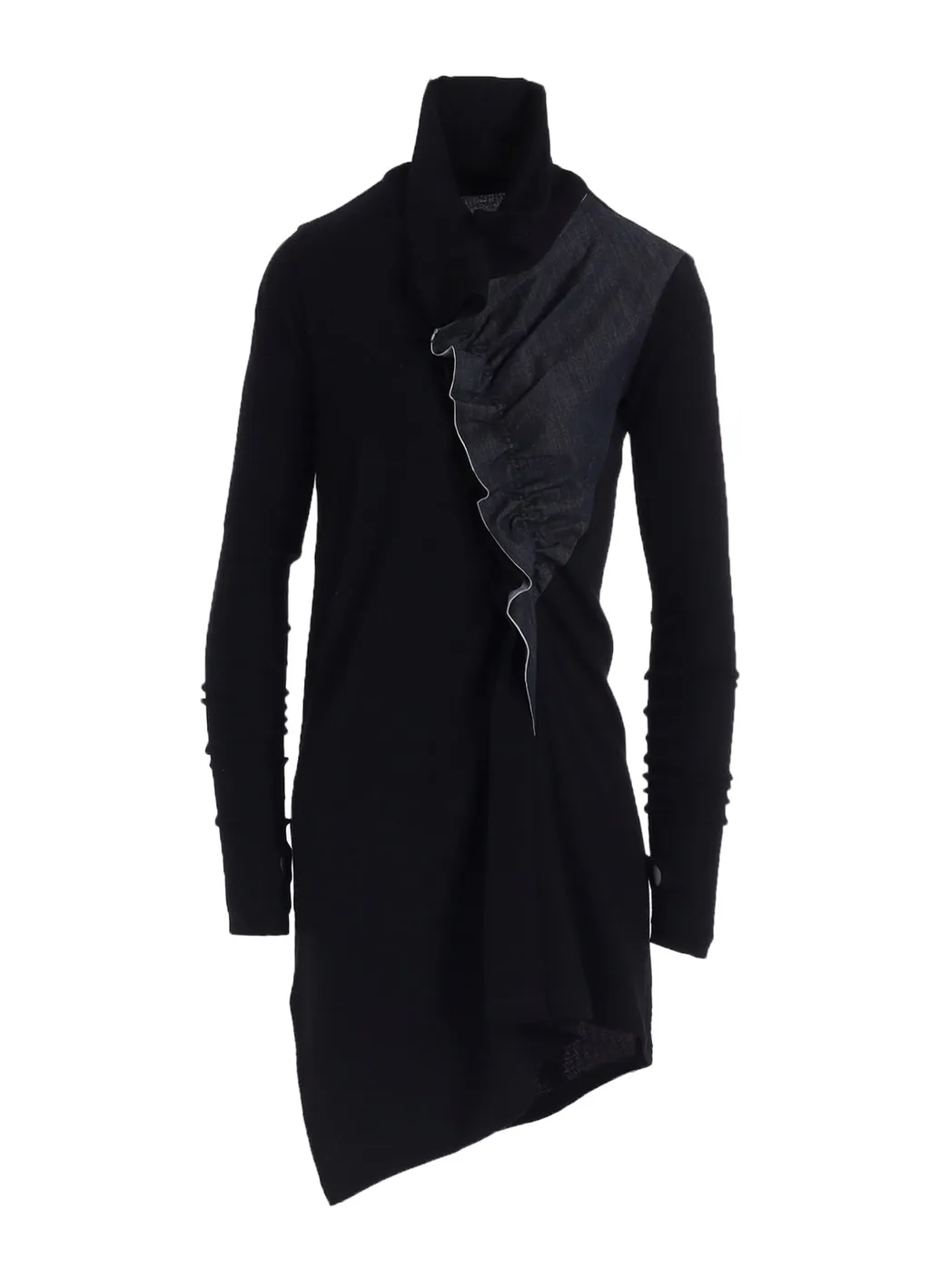 Rib/Denim Combination Long T With Gathers