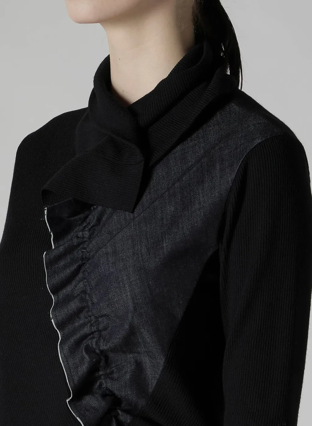 Rib/Denim Combination Long T With Gathers