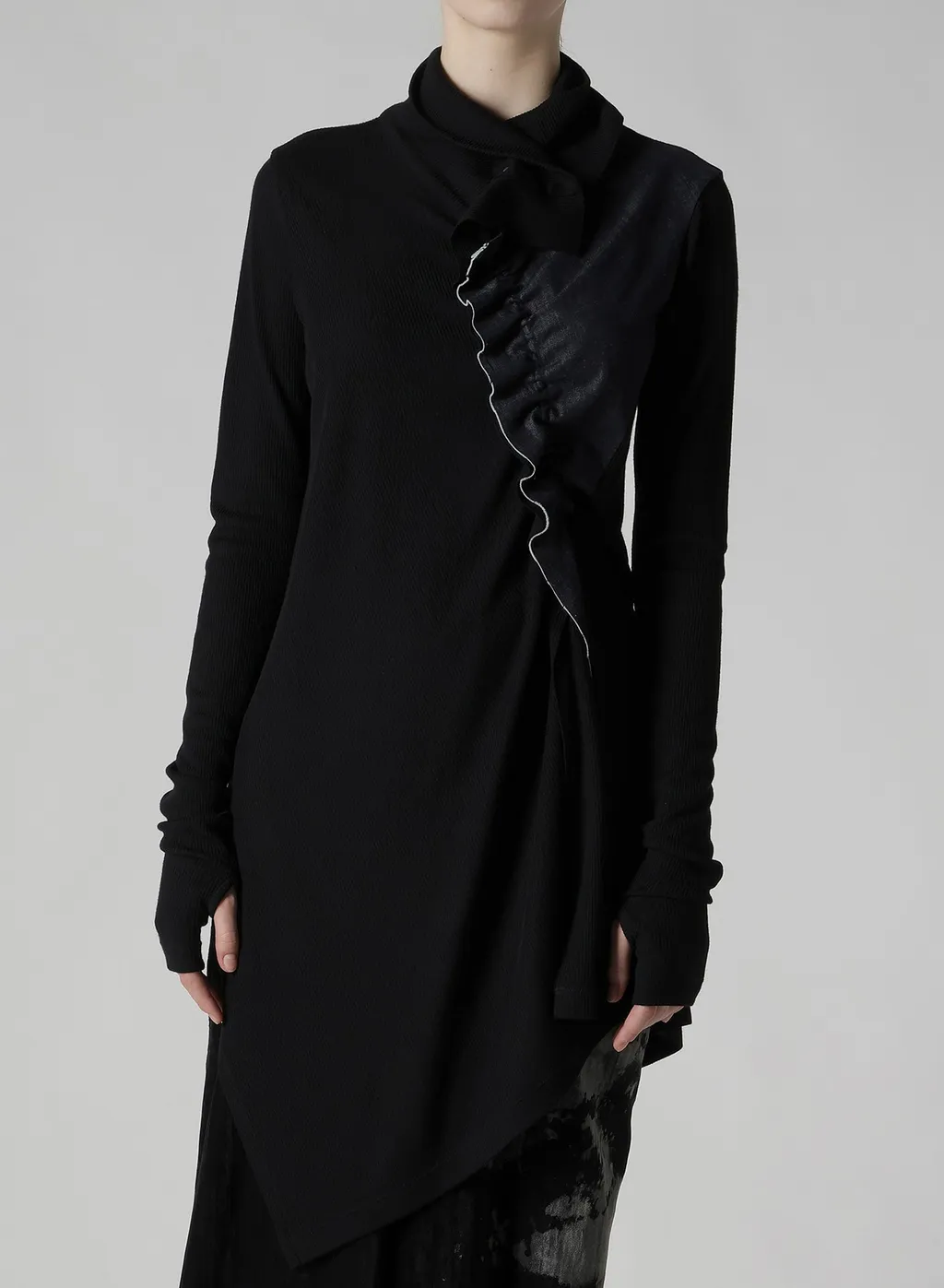 Rib/Denim Combination Long T With Gathers