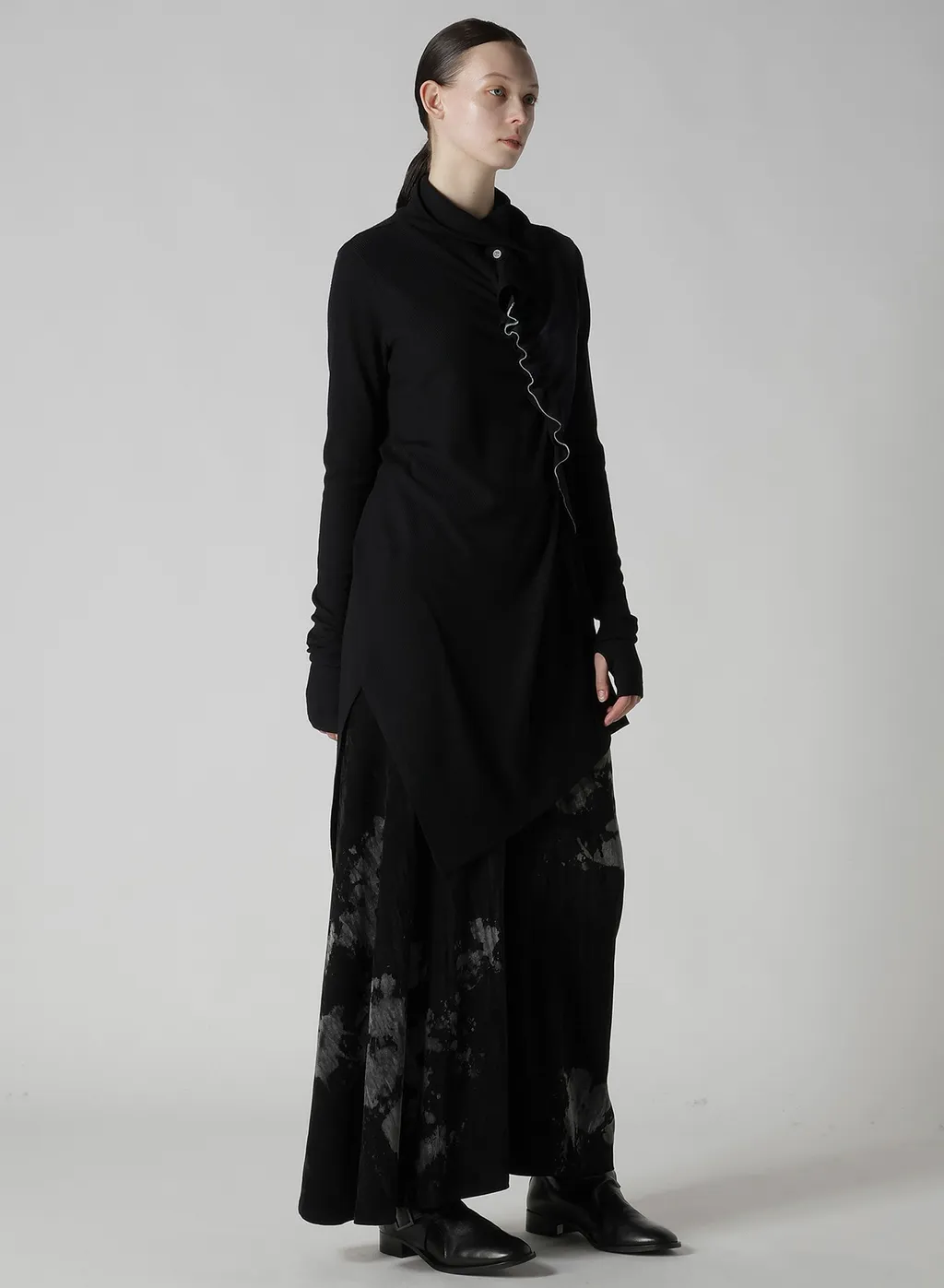 Rib/Denim Combination Long T With Gathers