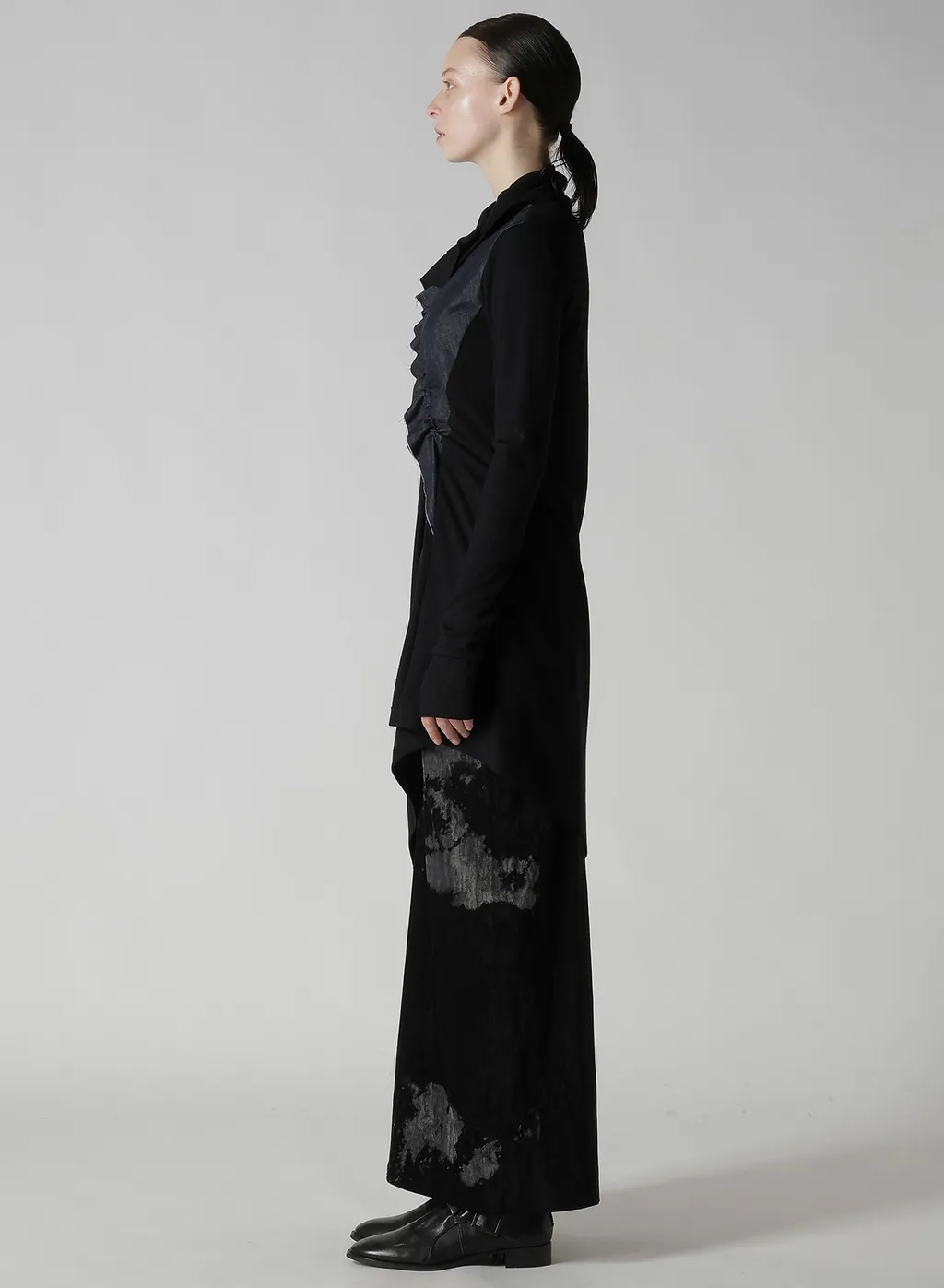 Rib/Denim Combination Long T With Gathers