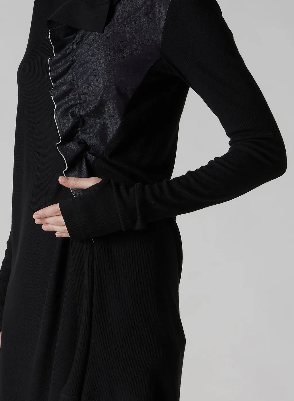 Rib/Denim Combination Long T With Gathers