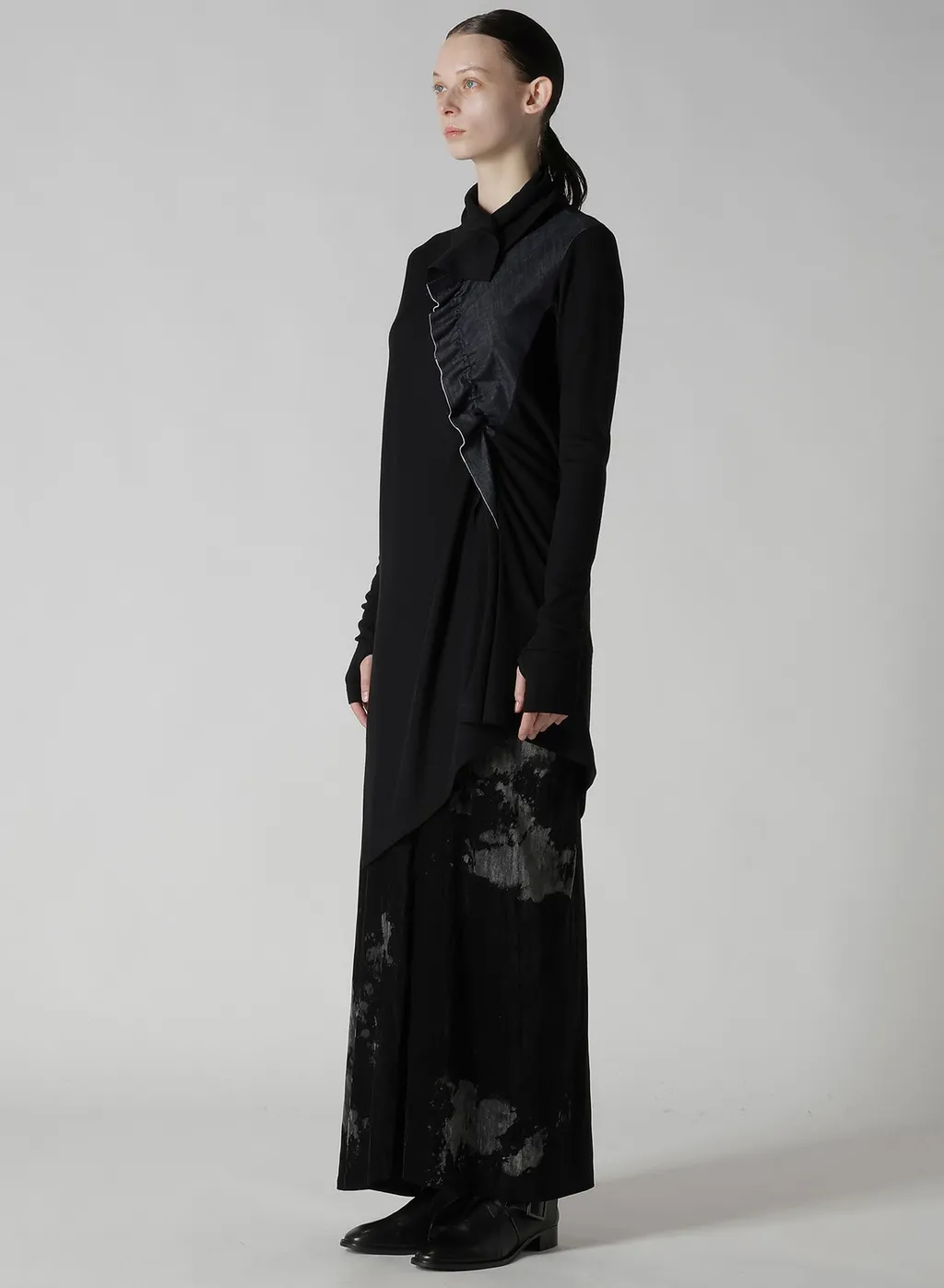 Rib/Denim Combination Long T With Gathers