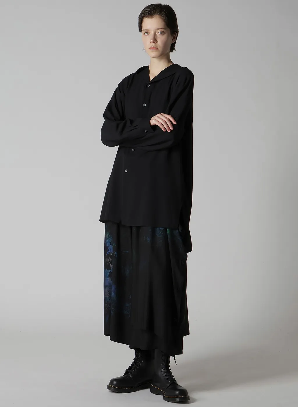 Flower/Lace-Preint Dungaree Twill Pants