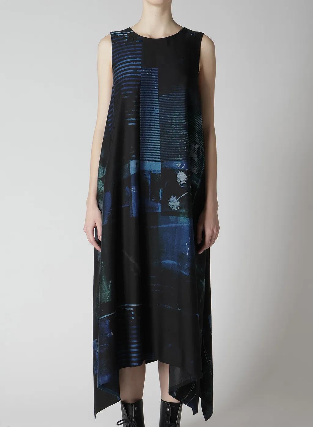 Cupro Blurry Flower Print Belt Tent Dress