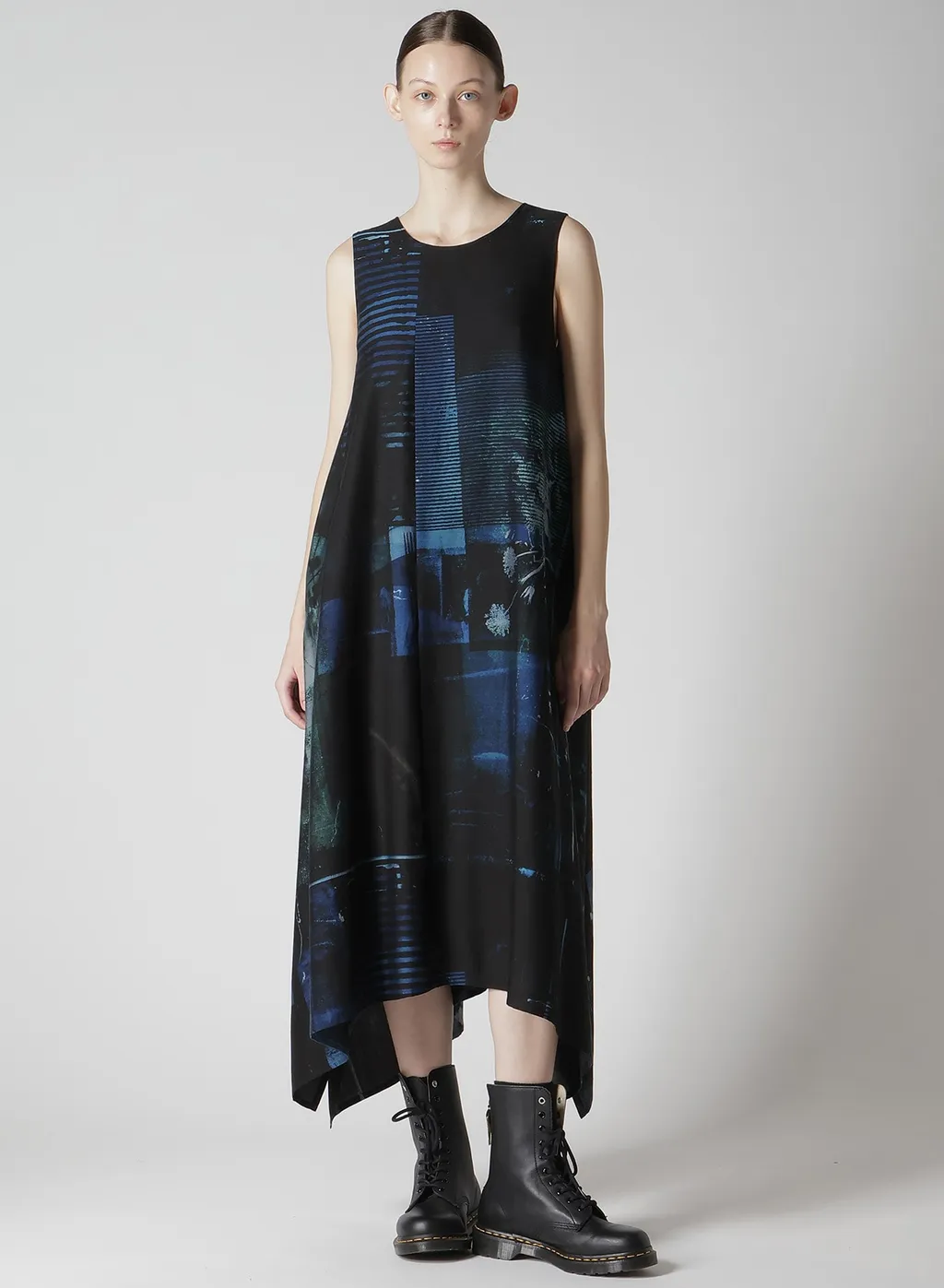 Cupro Blurry Flower Print Belt Tent Dress