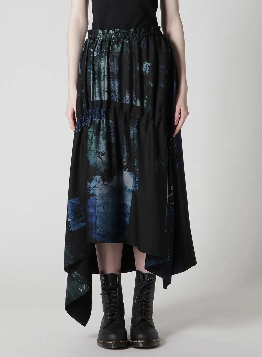 Cupro Blurry Flower Print Shirring Skirt