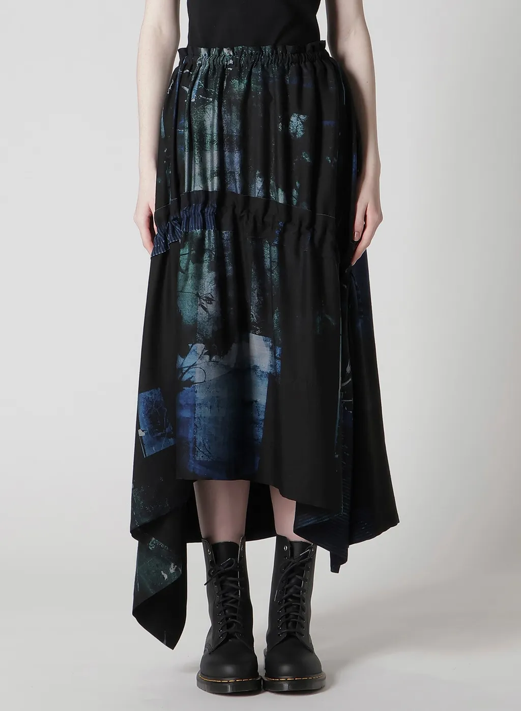 Cupro Blurry Flower Print Shirring Skirt