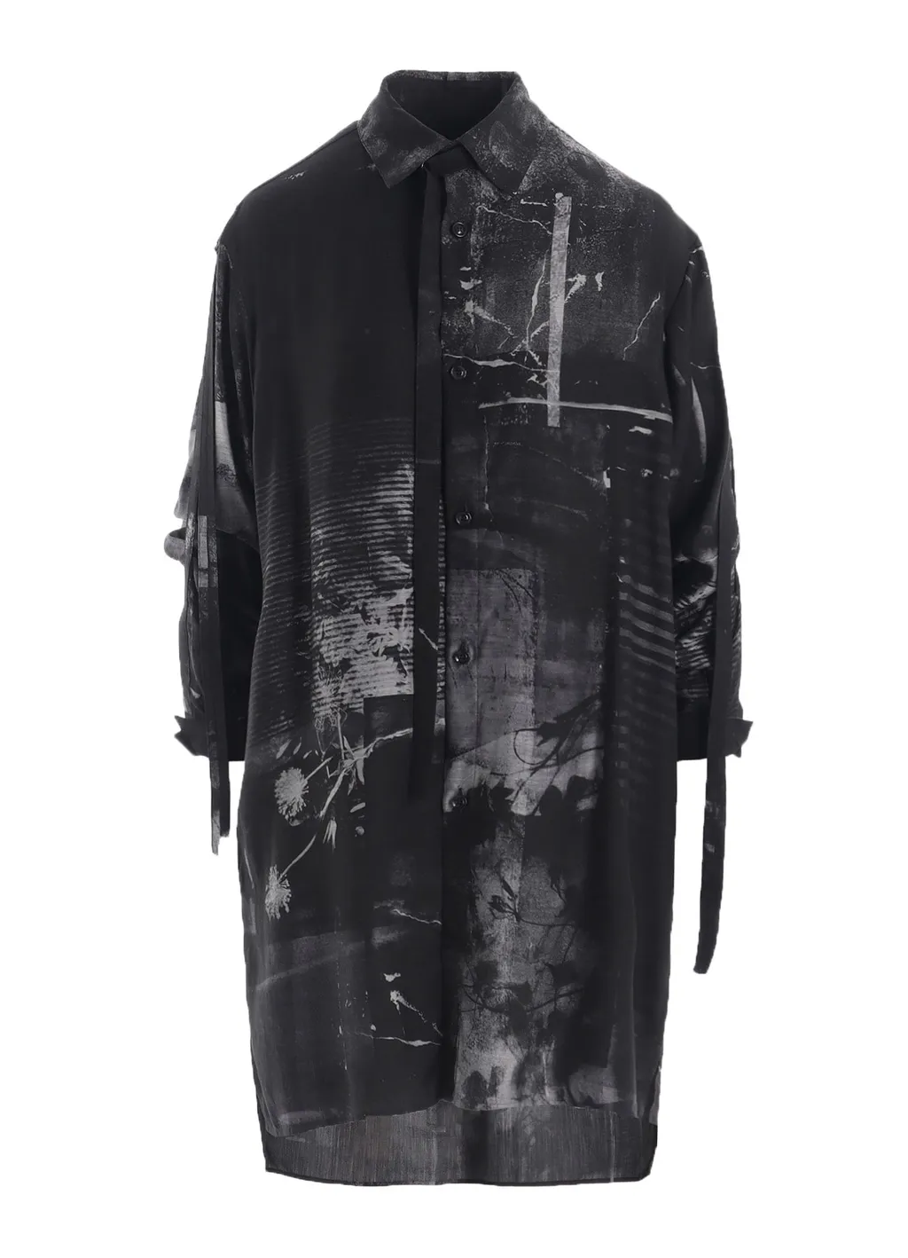 Cupro Blurry Flower Print Long Sleeve Blouse