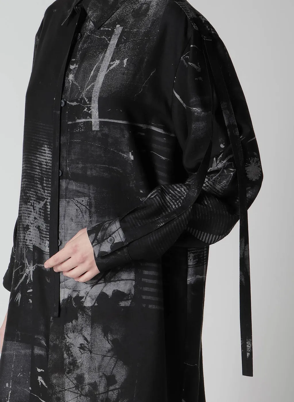 Cupro Blurry Flower Print Long Sleeve Blouse