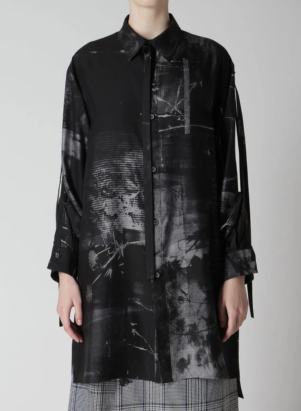 Cupro Blurry Flower Print Long Sleeve Blouse
