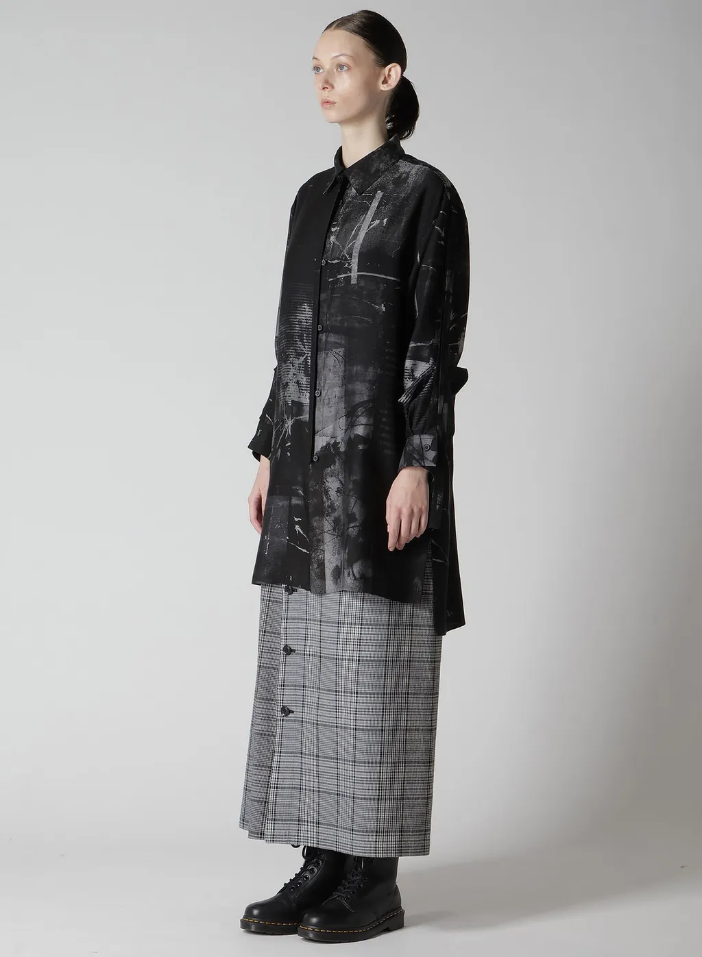 Cupro Blurry Flower Print Long Sleeve Blouse