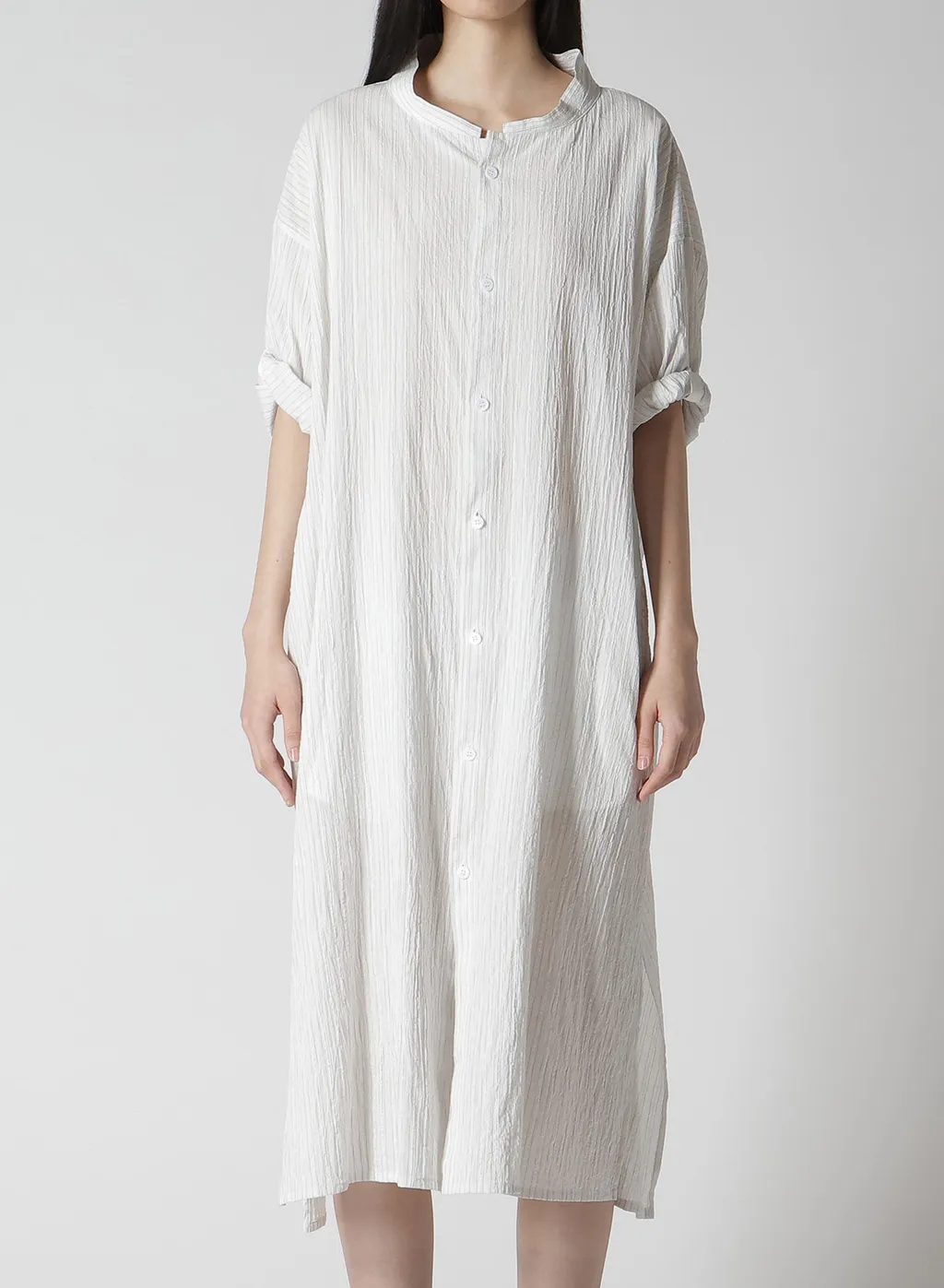 Cotton Voile Rolled-Up Half Sleeve Stripe Dress