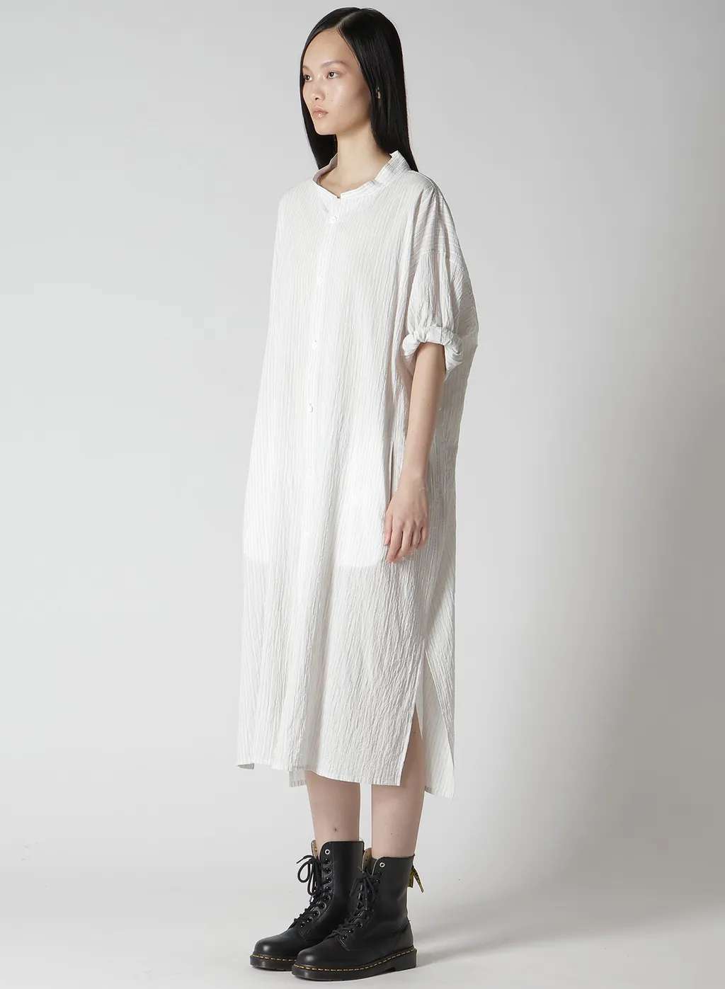 Cotton Voile Rolled-Up Half Sleeve Stripe Dress
