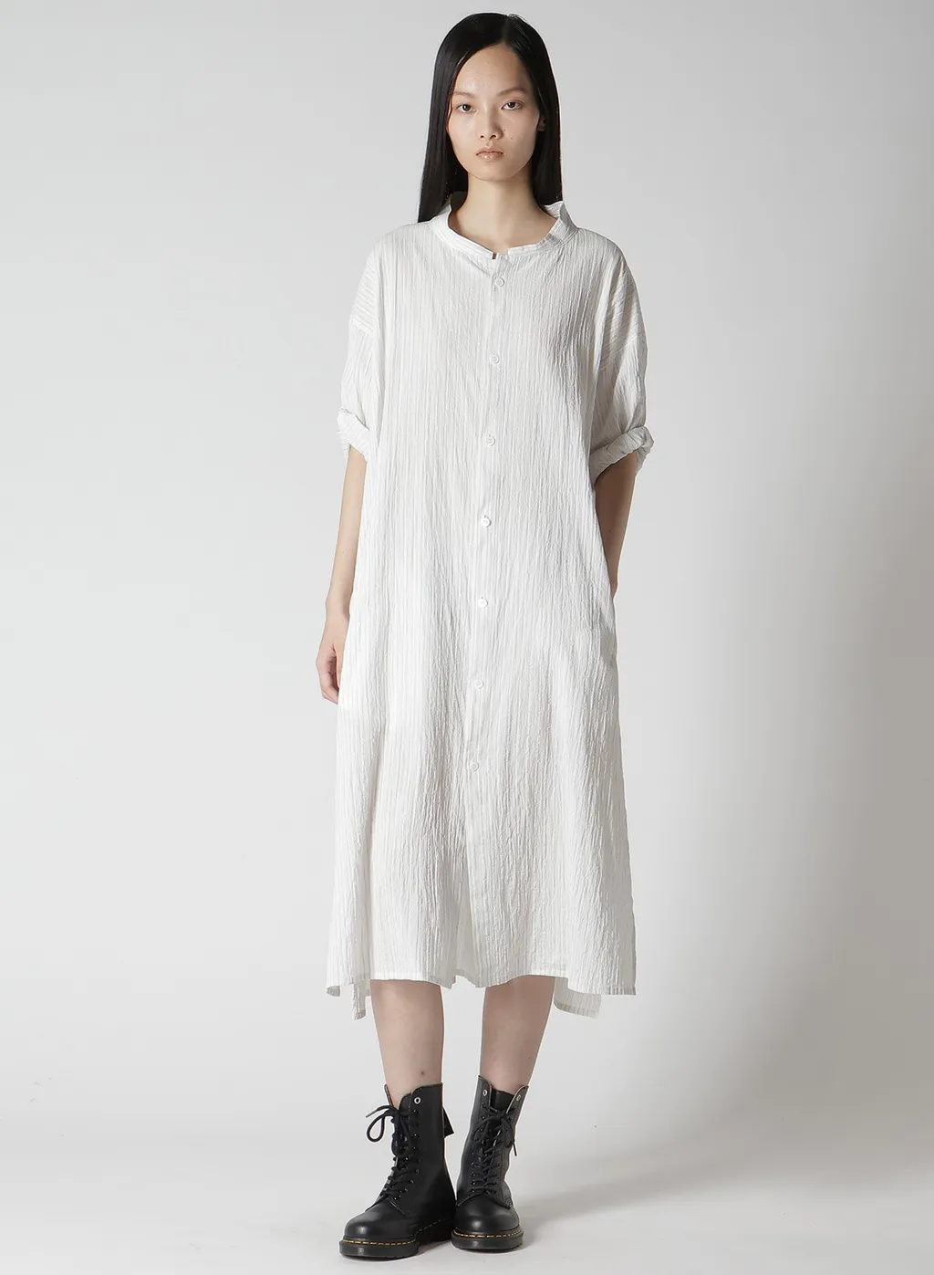Cotton Voile Rolled-Up Half Sleeve Stripe Dress