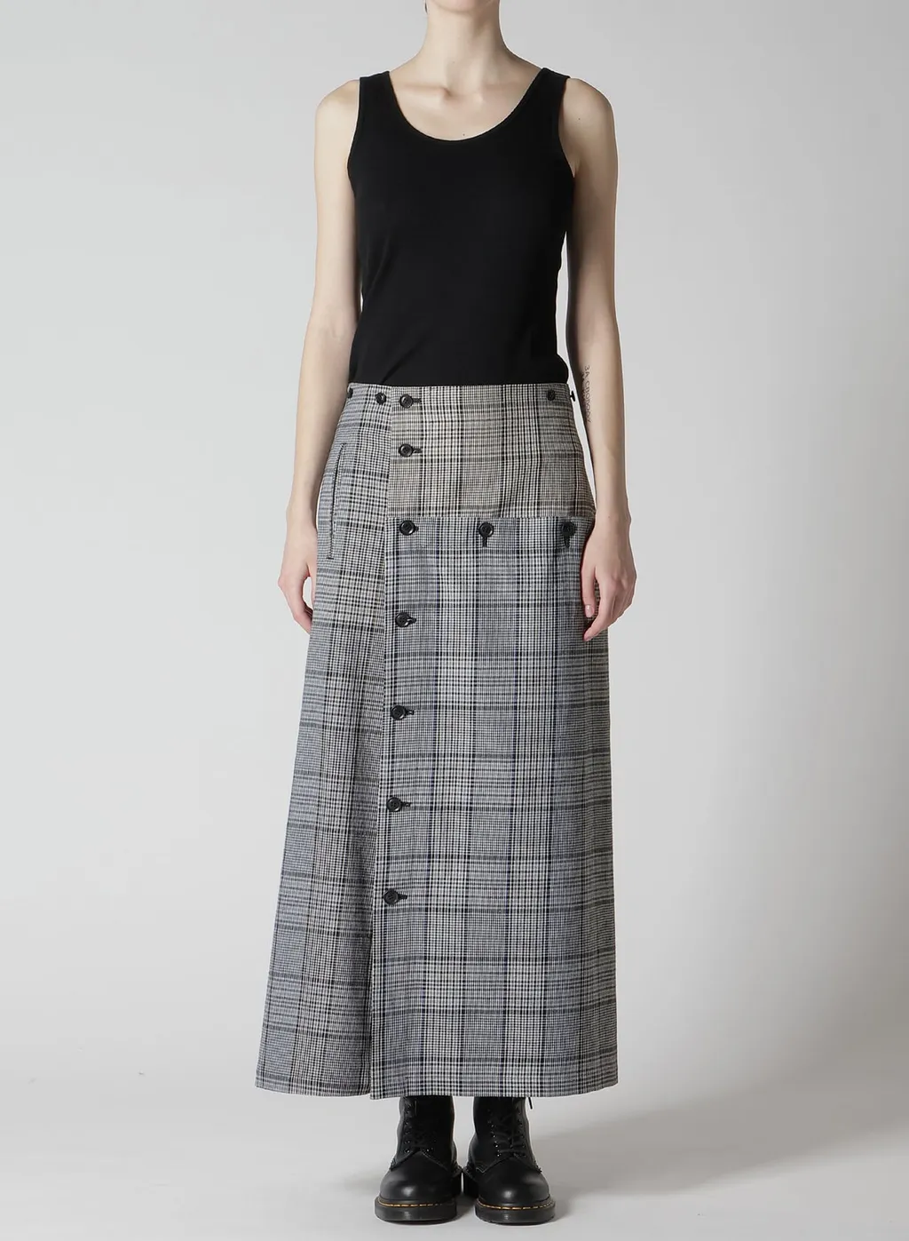 Grid Plaid Button Skirt