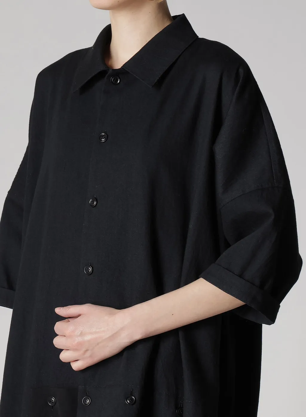 Crepe De Chine/6Oz Denim Asymmetric Half Sleeve Dress