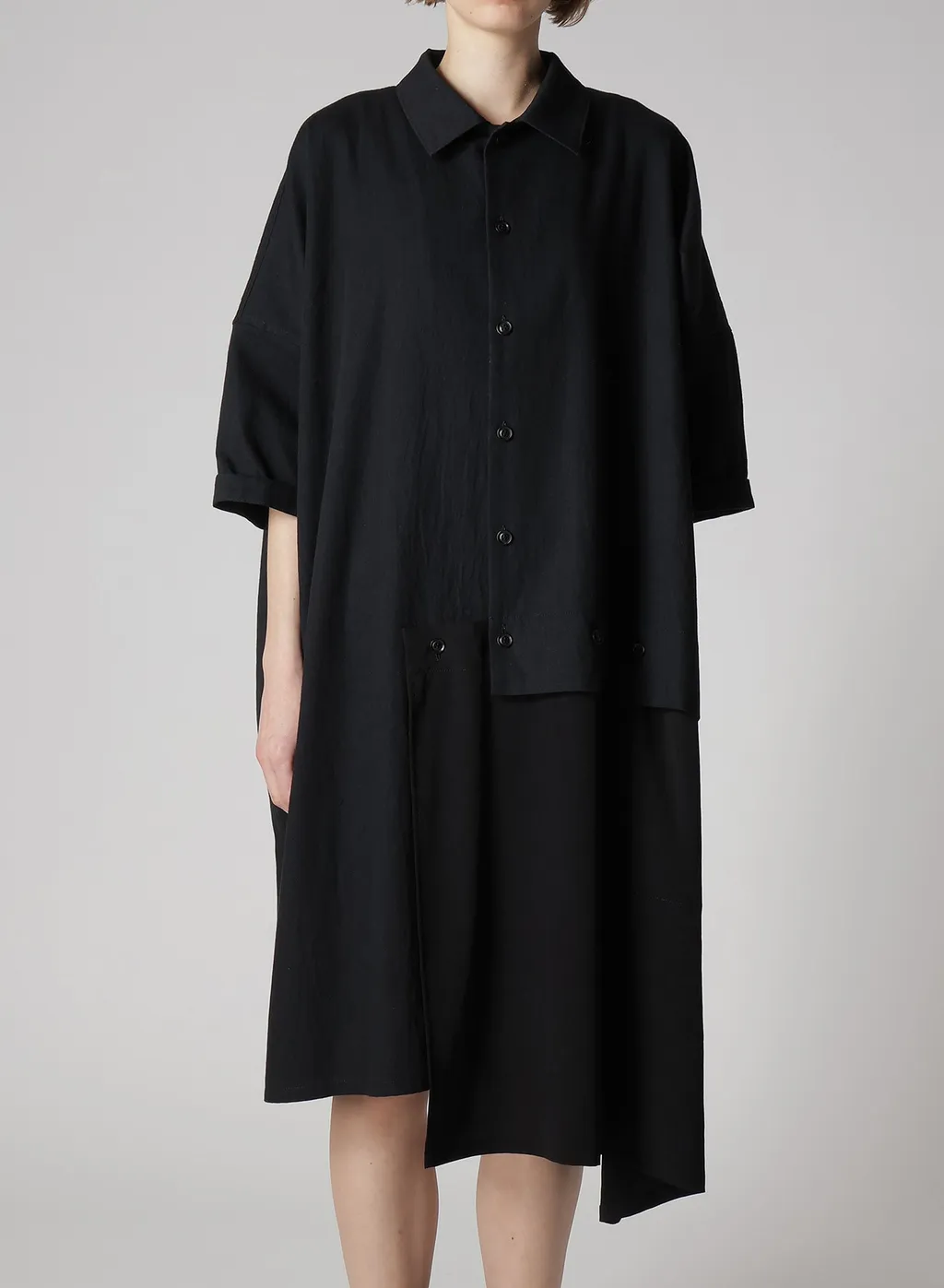 Crepe De Chine/6Oz Denim Asymmetric Half Sleeve Dress