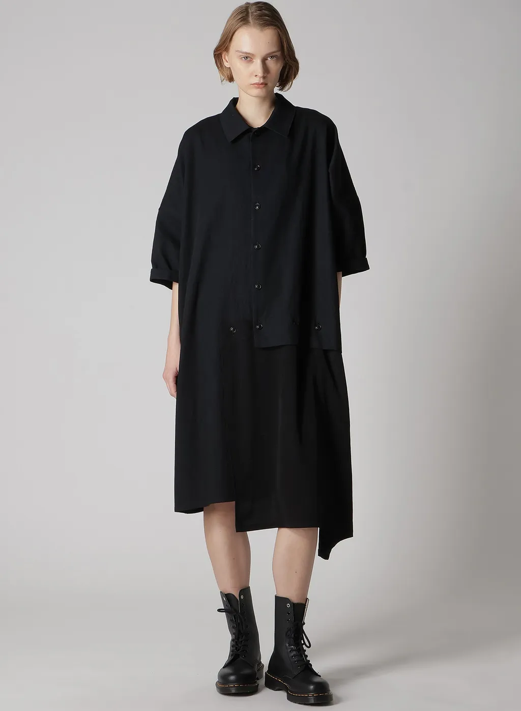 Crepe De Chine/6Oz Denim Asymmetric Half Sleeve Dress