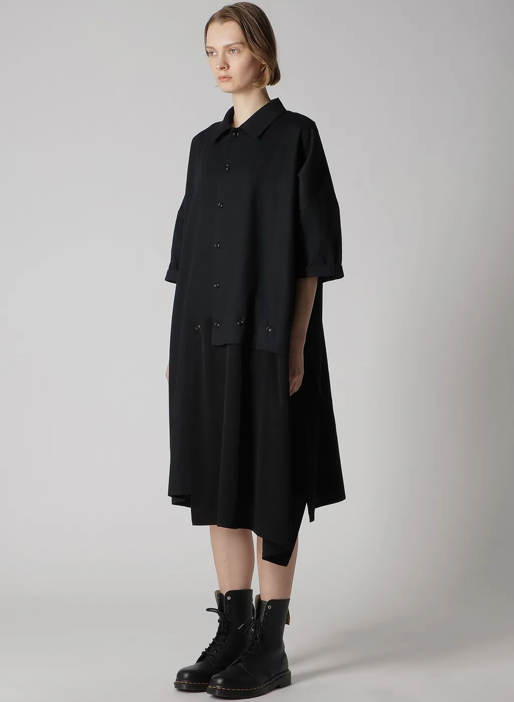 Crepe De Chine/6Oz Denim Asymmetric Half Sleeve Dress