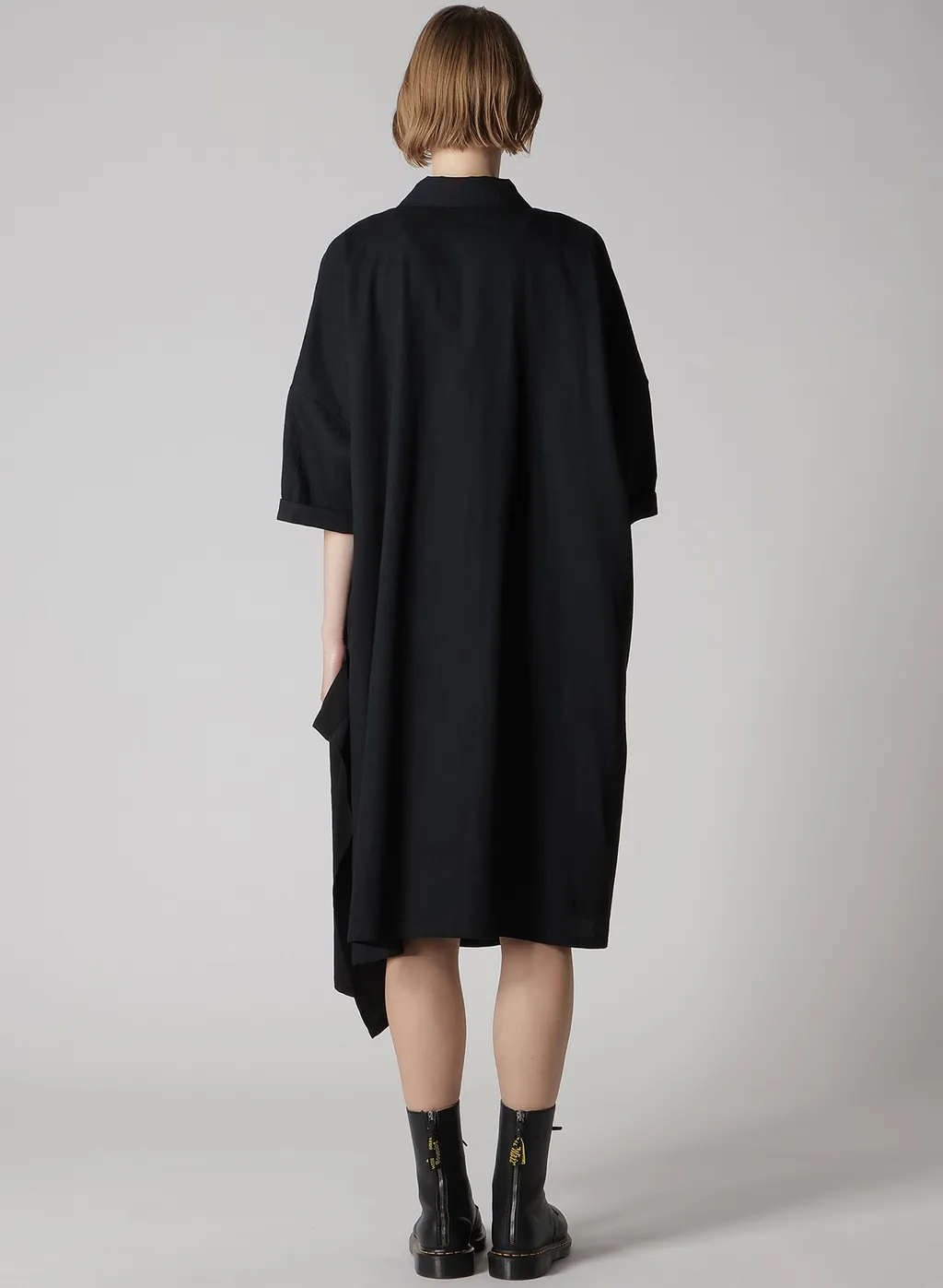Crepe De Chine/6Oz Denim Asymmetric Half Sleeve Dress