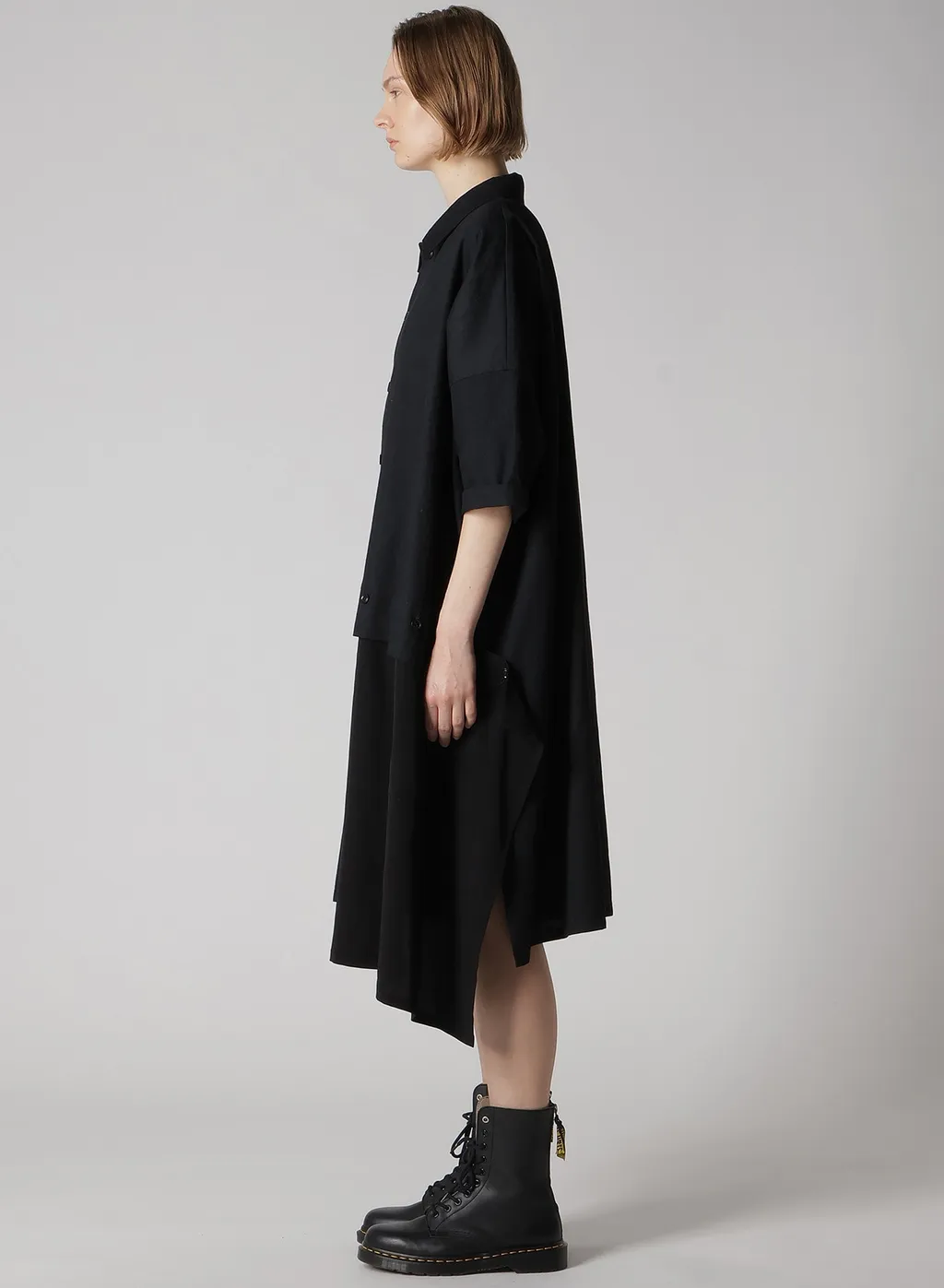 Crepe De Chine/6Oz Denim Asymmetric Half Sleeve Dress