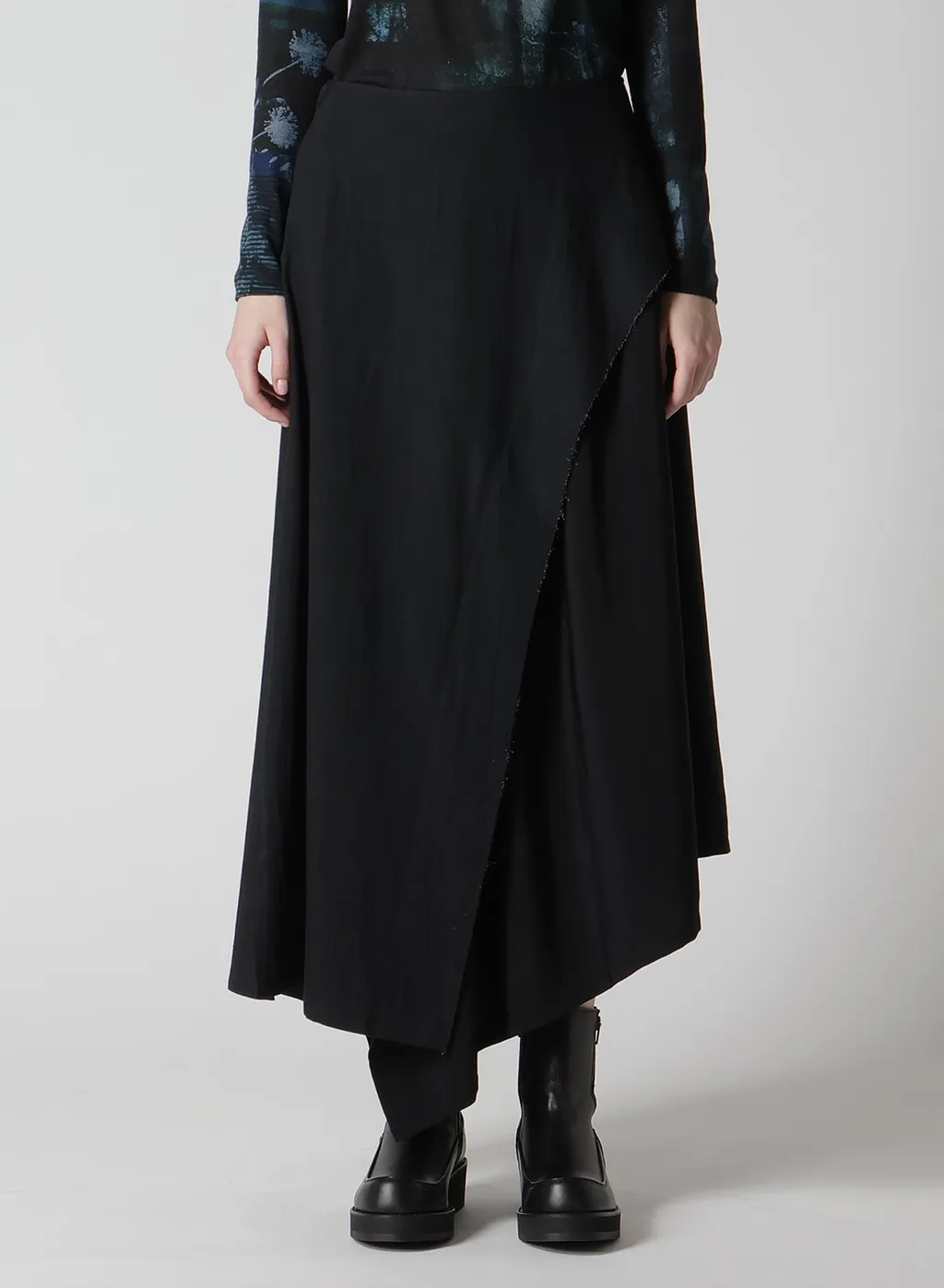 Crepe De Chine/6Oz Denim Left Flare Skirt