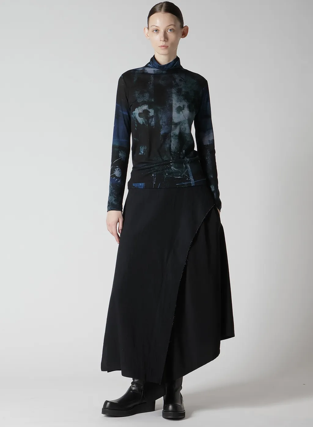 Crepe De Chine/6Oz Denim Left Flare Skirt