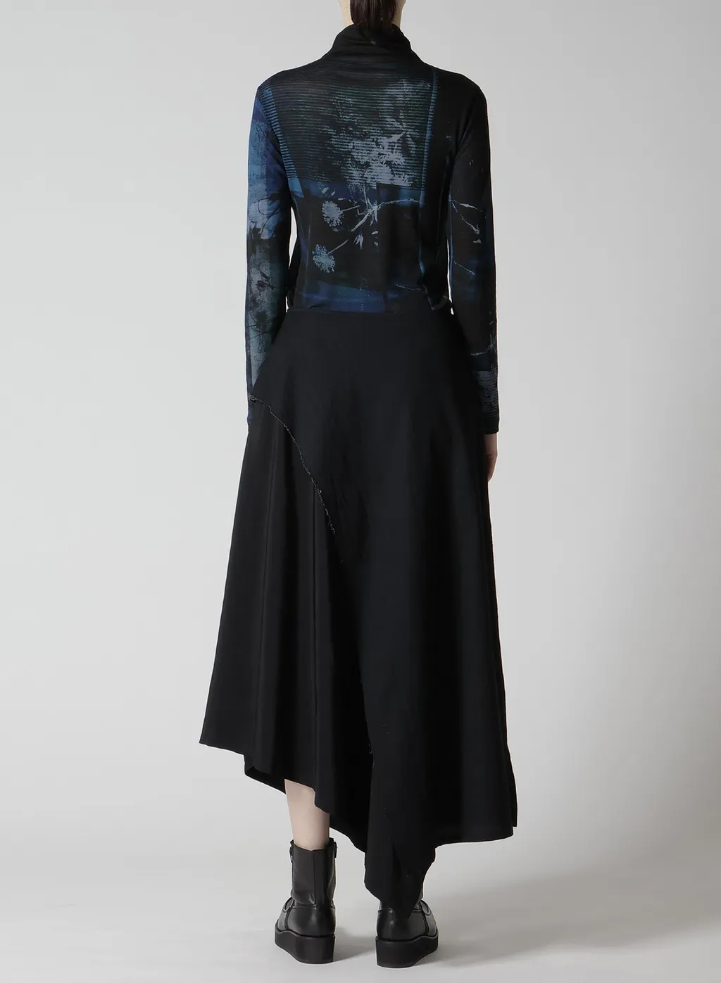 Crepe De Chine/6Oz Denim Left Flare Skirt