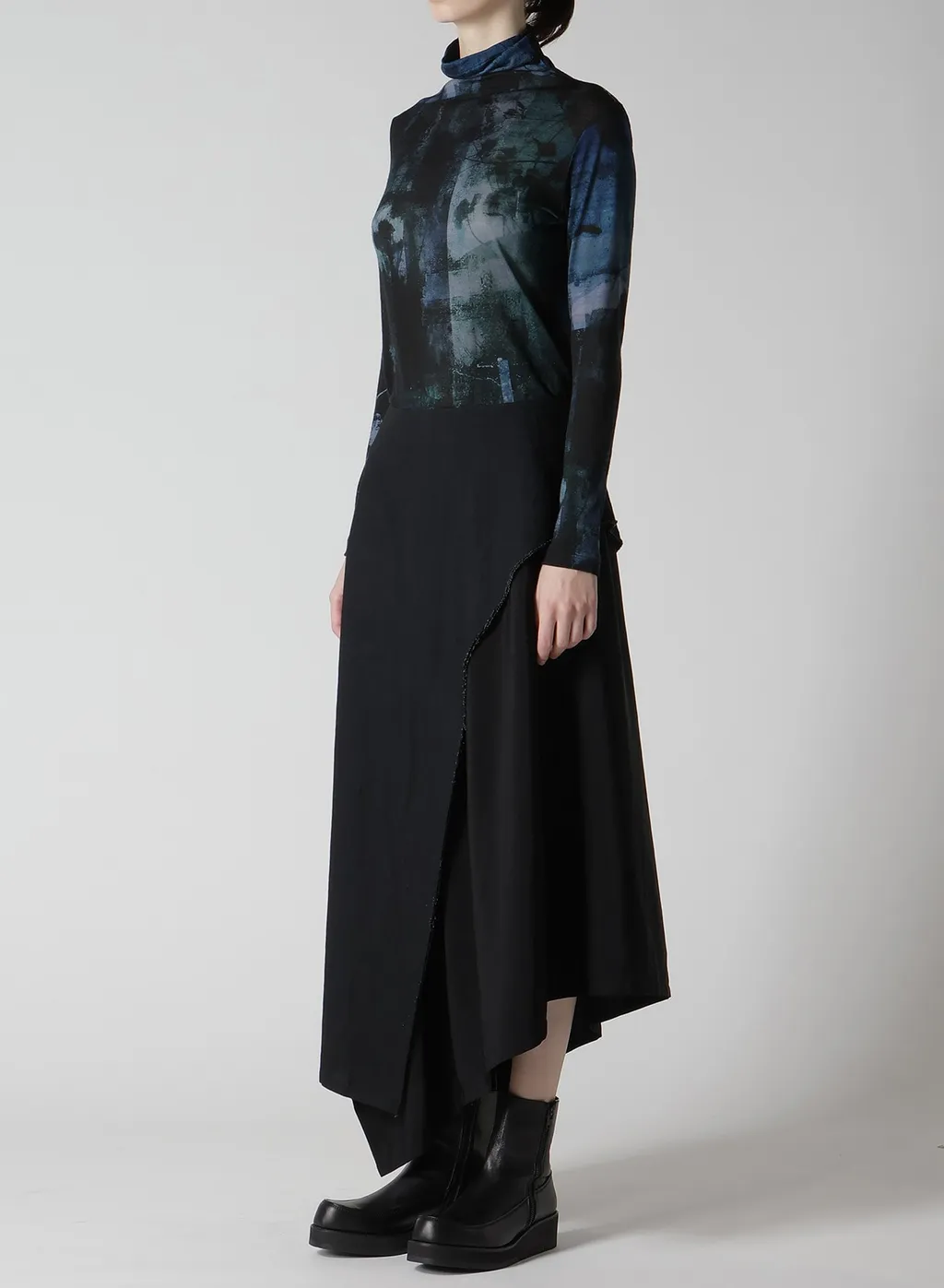 Crepe De Chine/6Oz Denim Left Flare Skirt