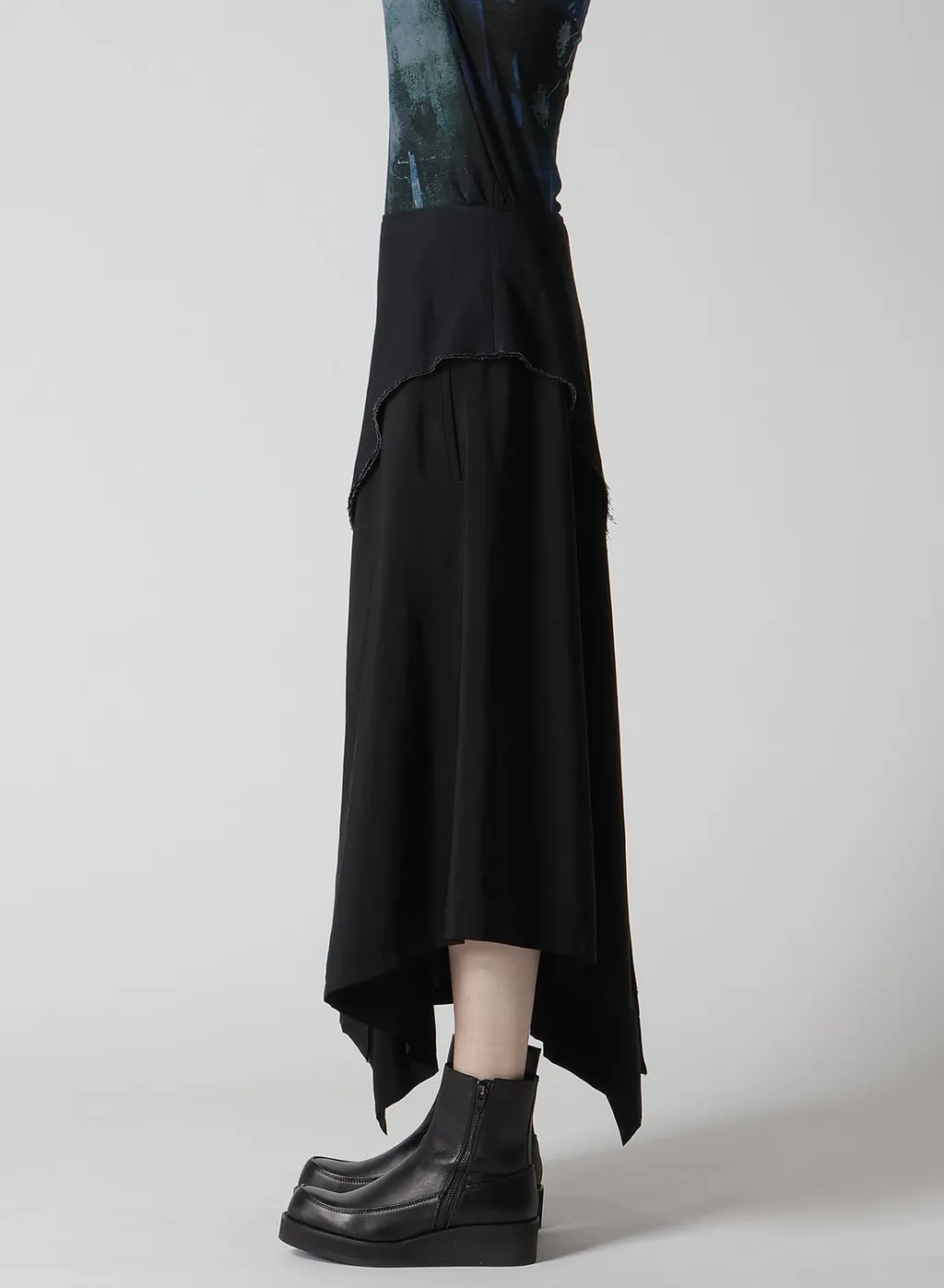 Crepe De Chine/6Oz Denim Left Flare Skirt